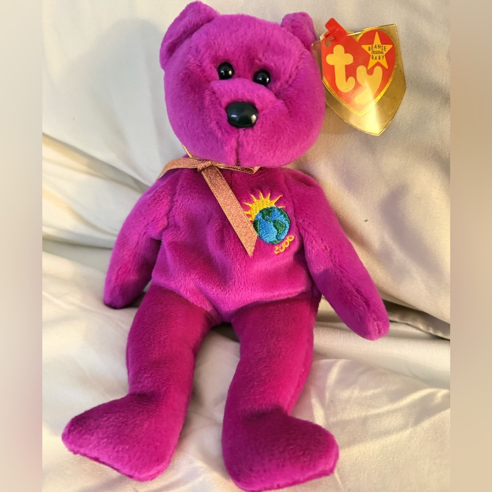 Ty Beanie Babies Millennium Bear Plush Toy 2000 - Purple (With Hang Tag)